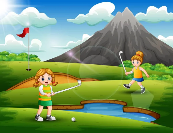 Filles Mignonnes Jouant Golf Dans Tribunal — Image vectorielle