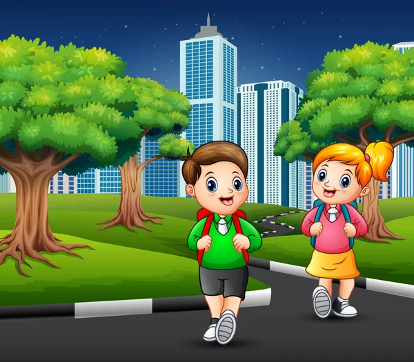 Los Niños Escuela Feliz Están Caminando Camino — Vector de stock