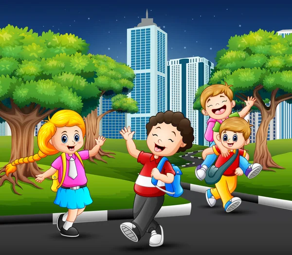 Crianças Escola Feliz Andando Estrada Para Cidade —  Vetores de Stock