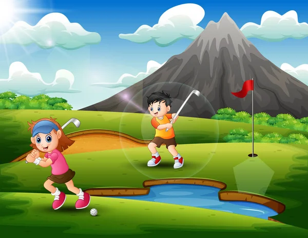 Barnen Leker Golf Den Vackra Naturen — Stock vektor