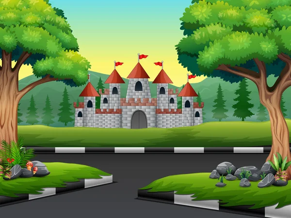 Escena Naturaleza Con Camino Castillo — Vector de stock