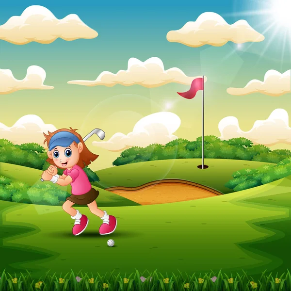 Joyful Flicka Som Spelar Golf Domstolen — Stock vektor