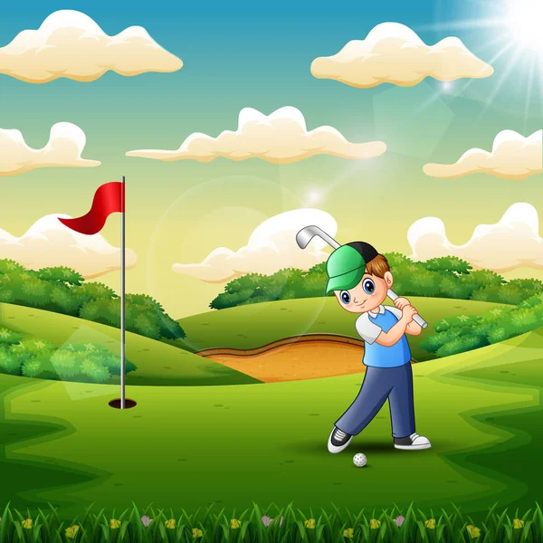 Alegre Niño Jugando Golf Cancha — Vector de stock