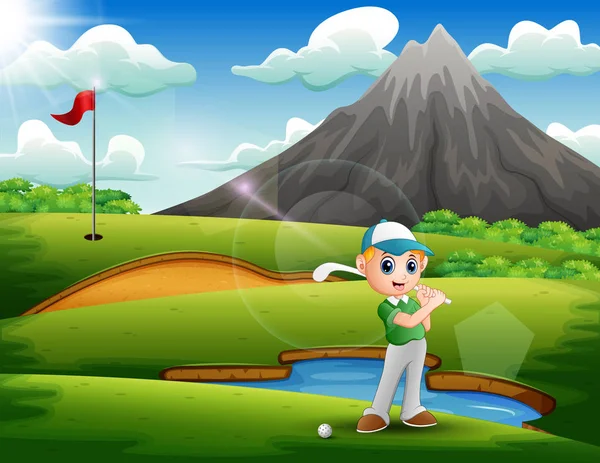 Een Jongen Spelen Golf Prachtige Natuur — Stockvector