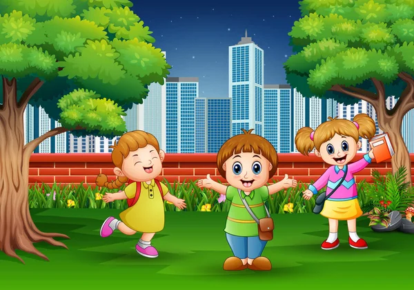 在城市公园玩耍的动画片孩子 — 图库矢量图片