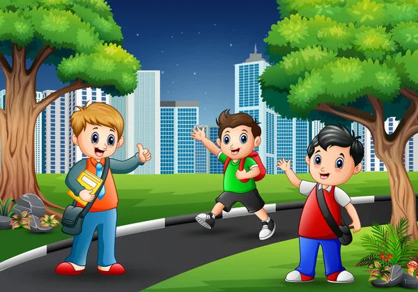 Crianças Escola Feliz Andando Estrada Para Cidade — Vetor de Stock