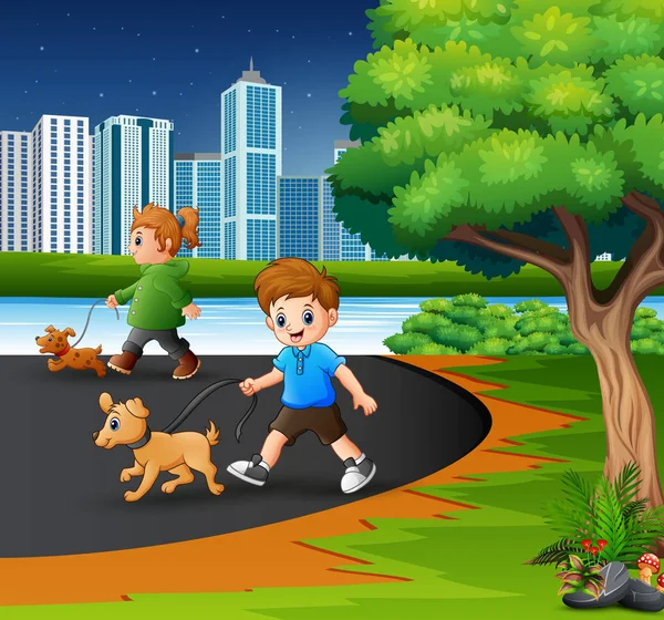 Niños Caminando Con Sus Mascotas Parque Ciudad — Archivo Imágenes Vectoriales