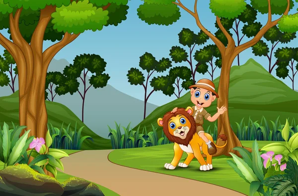 Χαρούμενος Φύλακας Λιοντάρι Στη Ζούγκλα — Διανυσματικό Αρχείο