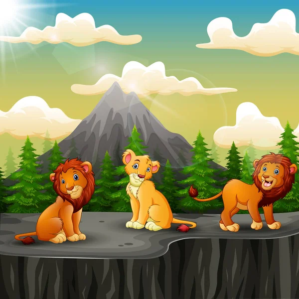 Three Lion Cartoon Enjoying Mountain Cliff — Stock Vector
