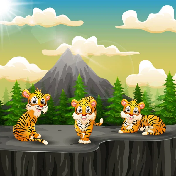 Tiger Gruppo Cartone Animato Godendo Sulla Montagna Una Scogliera — Vettoriale Stock