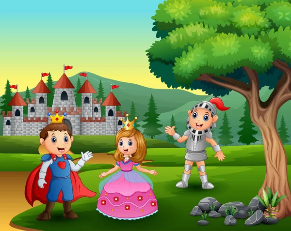 骑士与公主和王子在通往城堡的路上 — 图库矢量图片