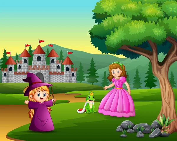 Princesa Pequeña Bruja Príncipe Rana Camino — Vector de stock