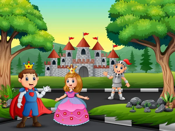 Ksatria Dengan Putri Dan Pangeran Jalan Kastil - Stok Vektor