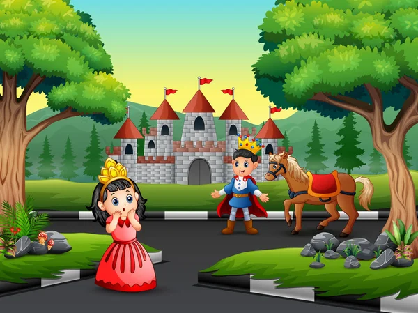 Príncipe Dos Desenhos Animados Pequena Princesa Estrada Para Castelo — Vetor de Stock