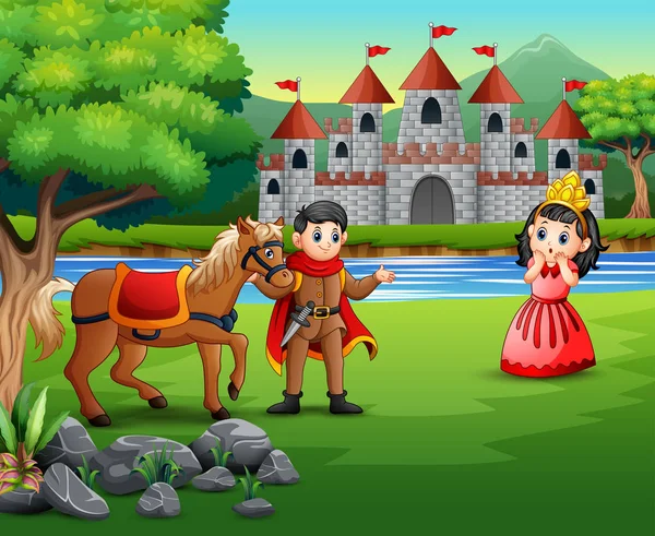 Cartoon Prince Księżniczka Tłem Zamku — Wektor stockowy