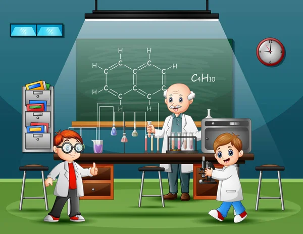 Científico Masculino Sala Laboratorio Con Niños — Vector de stock