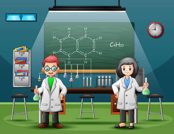 Químico Macho Hembra Sosteniendo Líquido Tubo Ensayo — Vector de stock