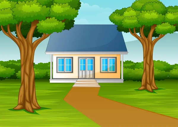 Маленький Дом Красивой Деревне Зеленым Двором — стоковый вектор