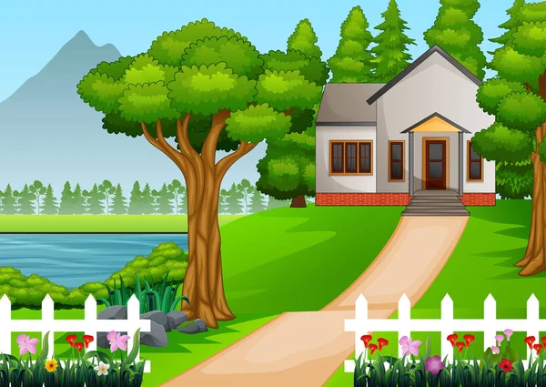 Pequeña Casa Hermoso Pueblo Con Patio Verde Lleno Flores — Vector de stock