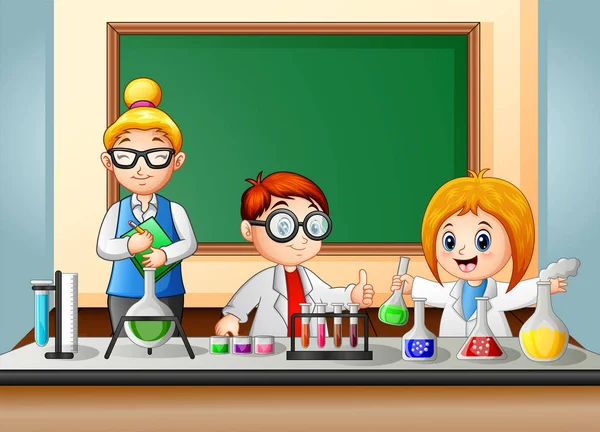 Ученики Учитель Проводят Химический Эксперимент — стоковый вектор