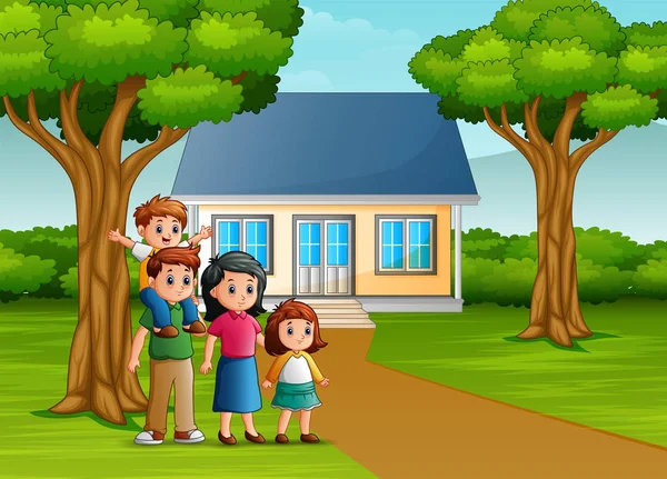 Cartoon Familie Voorkant Van Het Huis Tuin — Stockvector