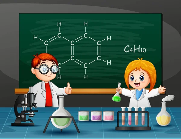 Мальчик Девочка Проводят Химический Эксперимент — стоковый вектор