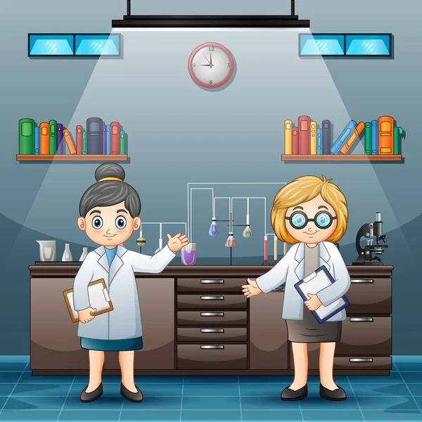 Dos Científicas Vestidas Con Batas Blancas Una Sala Laboratorio — Vector de stock