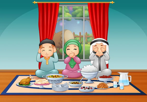 Felice Famiglia Musulmana Che Celebra Festa Iftar — Vettoriale Stock
