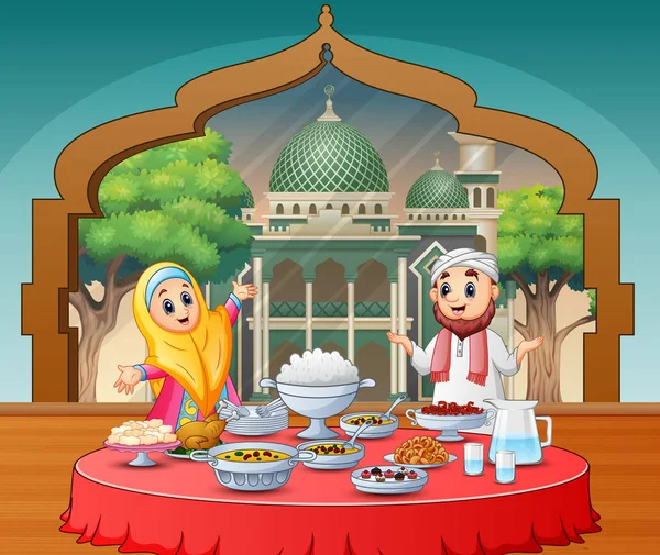 Muslim Couple Celebrating Eid Iftar Party — Stock Vector