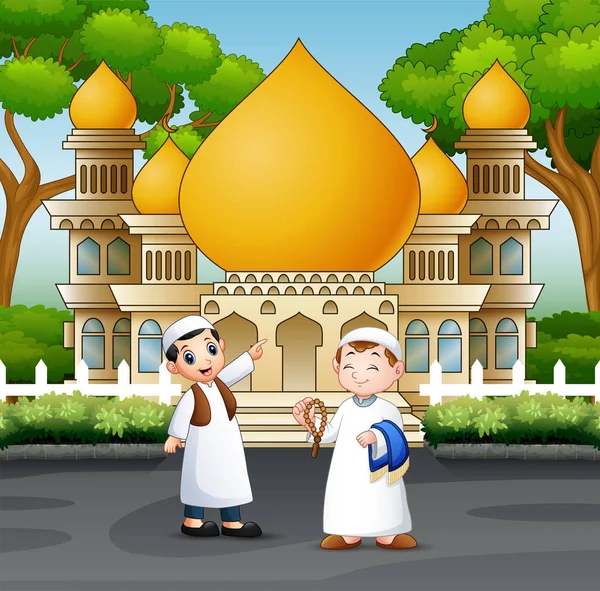 Cartone Animato Due Popoli Musulmani Fronte Una Moschea — Vettoriale Stock