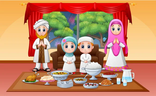 Müslüman Aile Ile Bayram Zevk Ile Kutsal Ramazan Ayı Iftar — Stok Vektör