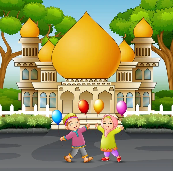 Gelukkige Moslim Kinderen Cartoon Spelen Voorkant Van Een Moskee — Stockvector
