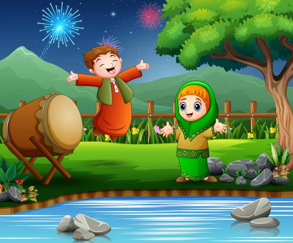 Happy Kids Vieren Voor Eid Mubarak Natuur — Stockvector