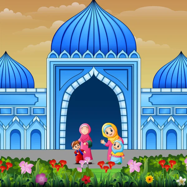 Karikatur Von Muslimen Die Vor Der Moschee Posieren — Stockvektor