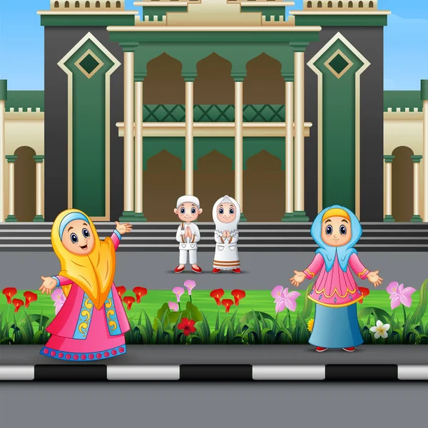 Dibujos Animados Musulmanes Felices Frente Una Mezquita — Archivo Imágenes Vectoriales