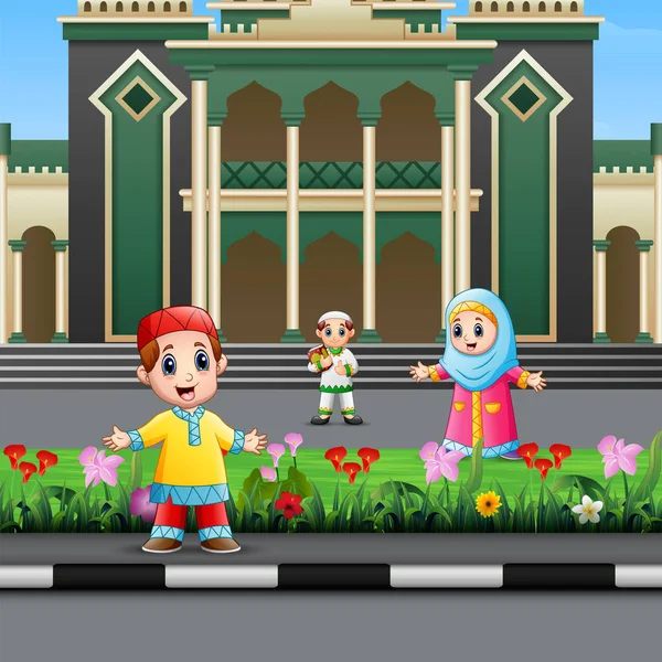 Cartone Animato Bambino Musulmano Fronte Alla Moschea — Vettoriale Stock