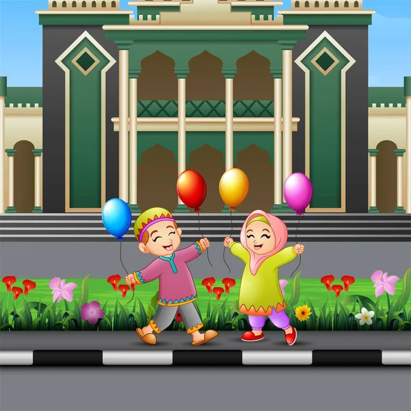 Happy Muslim Kids Dessin Animé Jouant Devant Une Mosquée — Image vectorielle