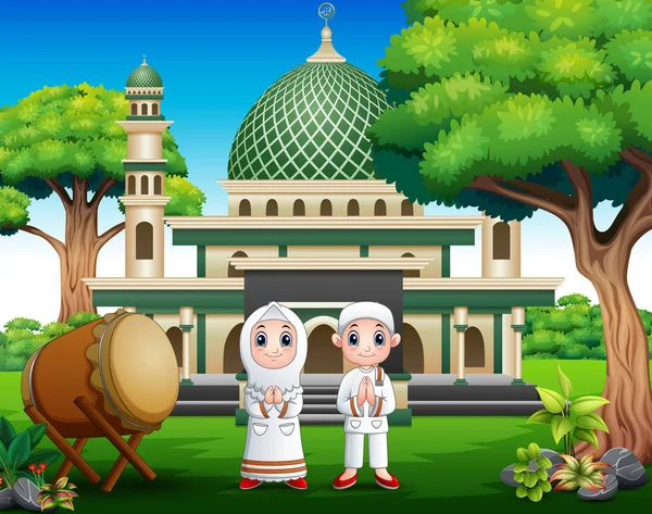 モスクの前に漫画のカップルイスラム教徒 — ストックベクタ