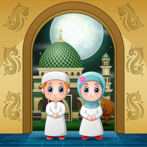 祈りのためにモスクの入り口に入るカップルイスラム教徒 — ストックベクタ