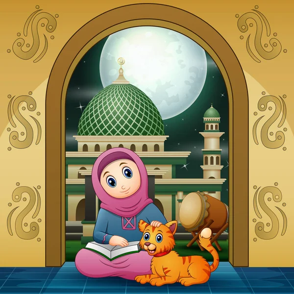 Мусульманська Дівчина Читає Книгу Мечеті Кішкою — стоковий вектор