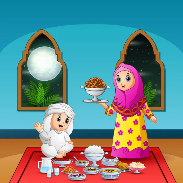 イフタールパーティーのための食品を準備する女性イスラム教徒 — ストックベクタ