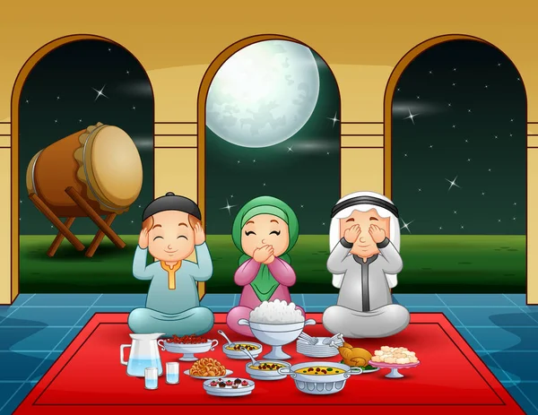 休憩断食前にイスラム教徒の家族が一緒に祈る — ストックベクタ