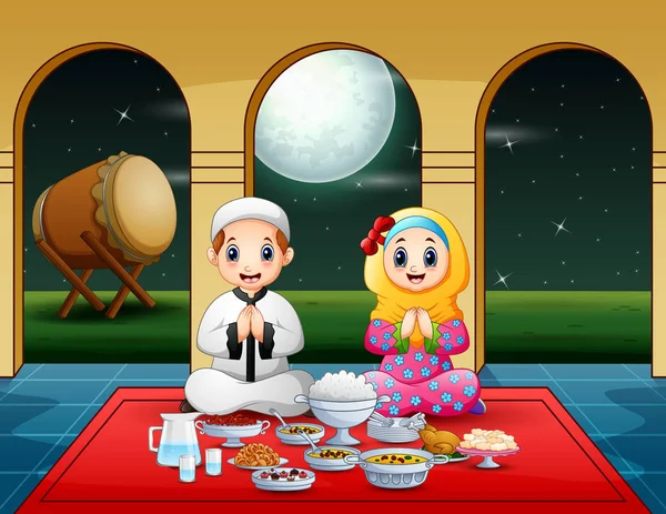 对穆斯林夫妇一起祈祷之前打破禁食 — 图库矢量图片