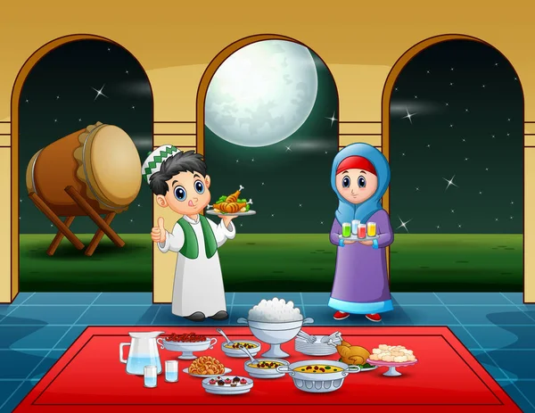 ラマダン月にイフタール料理を準備するカップルイスラム教徒 — ストックベクタ