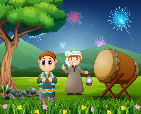 Niños Islámicos Sosteniendo Linterna Para Las Celebraciones Eid Mubarak — Archivo Imágenes Vectoriales