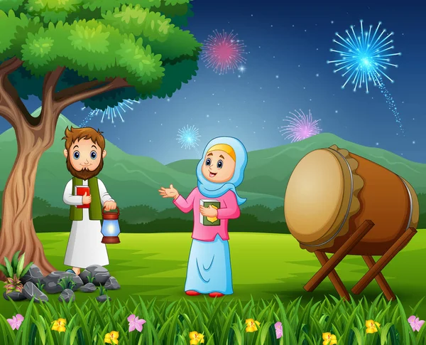Islamitische Paar Houden Lantaarn Voor Eid Mubarak Viering Natuur — Stockvector