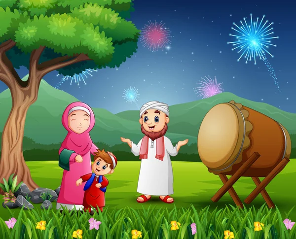 自然の景色を眺めながらイード祭りを祝う幸せなイスラム教徒の家族 — ストックベクタ