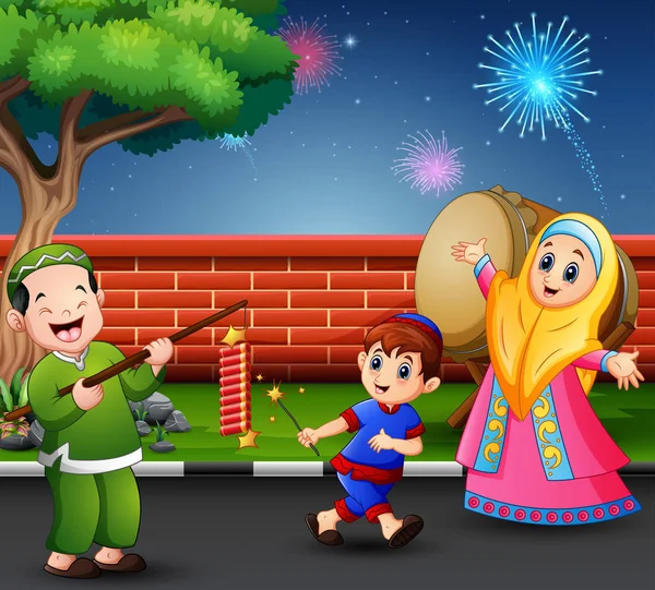 Gelukkige Moslim Mensen Vieren Voor Eid Mubarak Met Firecracker — Stockvector