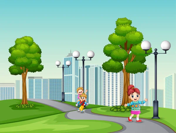 Мультфильм Счастливых Детях Бегущих Парковой Дороге — стоковый вектор