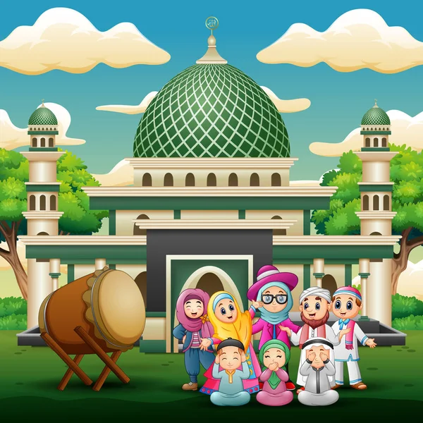 Happy Family Celebrate Eid Mubarak Front Mosque — Stock Vector